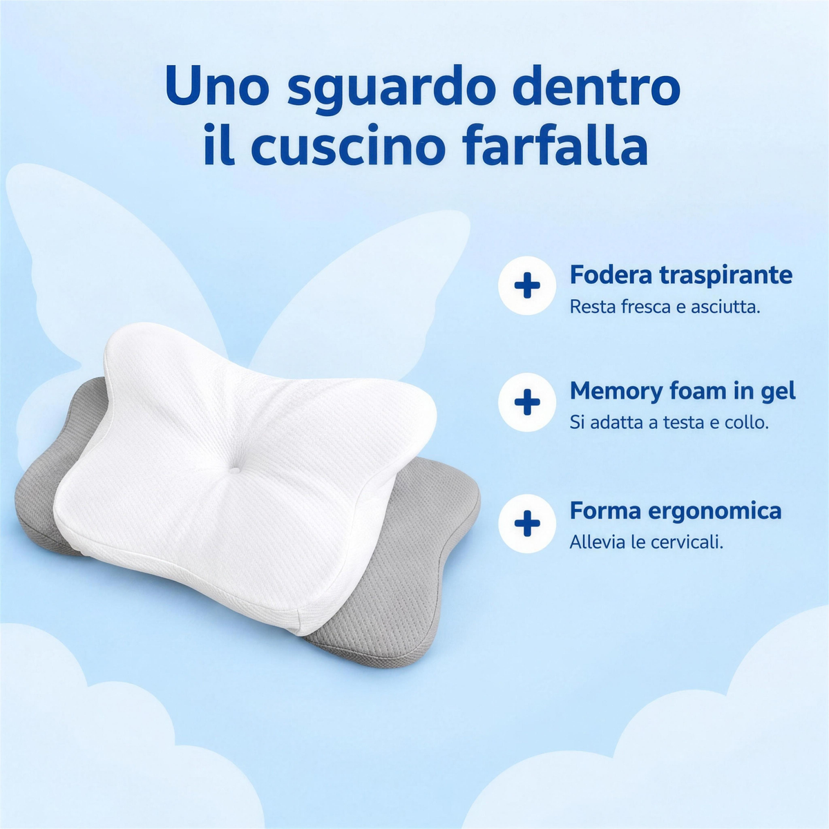 Uno sguardo dentro il cuscino farfalla – fodera traspirante, memory foam in gel, forma ergonomica